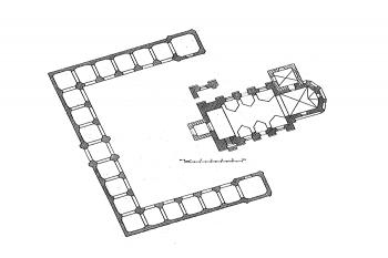 půdorys kostela s ambitem ( © Antonín Podlaha: Soupis památek historických a uměleckých v Království Českém, sv. 06 Politický okres mělnický, Archaelogická komise při České akademii císaře Františka Josefa pro vědy, slovesnost a umění, Praha 1899)