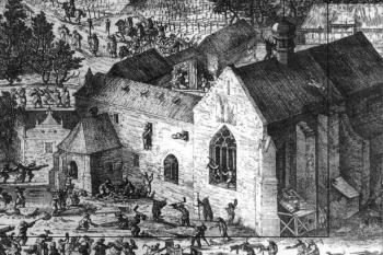 vyplenění kláštera odvedenci do mělnické hotovosti 17. února 1611 (© Mělník - Pšovka: sborník vydaný při příležitosti znovuvysvěcení kostela sv. Vavřince v Mělníku-Pšovce obnoveného po povodni roku 2002: 15. srpen 2004. Mělník: Město Mělník, 2004)