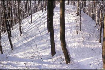 pohled od východu přes hlavní příkop na pahorek čela jádra hrádku ( © Jan P. Štěpánek 01/2006)