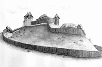 Hypotetický pohled na hrádek od severozápadu dle J. P. Štěpánka (© Šlechtická sídla na Frýdecko - Místecku (J. Tichánek a kolektiv, 2006))
