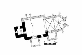 půdorys kostela (© Jiří Varhaník: Neznámý románský kostel na dolní Ohři, Památky a příroda 11/7, Praha 1986, str. 392-396)