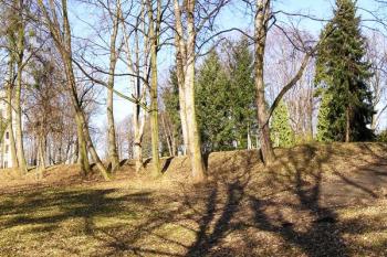 pohled od jihovýchodu na výraznou terénní hranu, jedinný výraznější náznak existence zaniklého zámku ( © Jan P. Štěpánek 02/2008)
