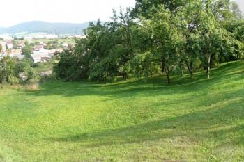 pohled ze severní části mohutného valu v čele tvrziště na vlastní plochu tvrze ( © Jan P. Štěpánek 09/2008)