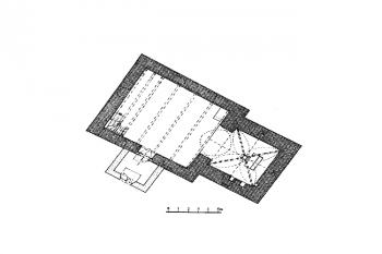půdorys kostela ( © Karel Kibic: Raně gotické venkovské kostely na panství cisterciáckého kláštera v Sedlci u Kutné Hory, Dějiny staveb 2008, KAS ve spolupráci se Srdužením pro stavebněhistorický průzkum, Plzeň 2008)