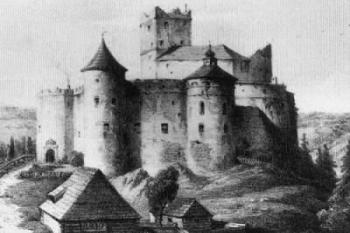 pohled od jihu na hrad v polovině 19. století ( © litografie J. Szalay, 1858)