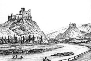 údolí Dunajce s hrady Niedzica (vlevo) a Czorsztyn (vpravo) v polovině 19. století ( © kresba Z.B. Steczynski, cca 1850)