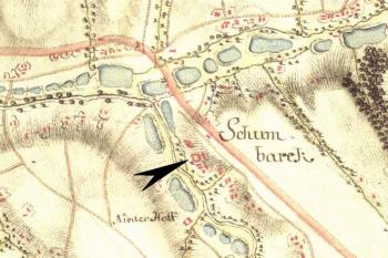 Zámek na mapě I. vojenského mapování 1764 – 1768 – josefské (1:28 800) ( © Laboratoř geoinformatiky a Ministerstvo životního prostředí ČR)
