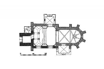půdorys kostela ( © Jan Sommer, 1998 (in Jan Sommer: Věž kostela v Ředhošti a její obranná funkce ve středověku, Průzkumy památek 1998/II, Památkový ústav Středních Čech v Praze, Praha 1998))