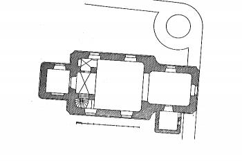 půdorys kostela (© Antonín Podlaha: Soupis památek historických a uměleckých v Království Českém, sv. 24 Politický okres českobrodský, Archaelogická komise při České akademii císaře Františka Josefa pro vědy, slovesnost a umění, Praha 1907)