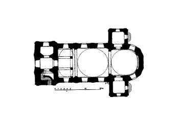 půdorys kostela ( © Ferdinand Velc: Soupis památek historických a uměleckých v Království Českém, sv. 20 Politický okres slanský, Archaelogická komise při České akademii císaře Františka Josefa pro vědy, slovesnost a umění, Praha 1904)