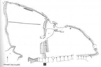 Plán hradiště ( ©  V. Čtverák, M. Lutovský, M. Slabina. L. Smejtek: Encyklopedie hradišť v Čechách, Libri, Praha 2003)