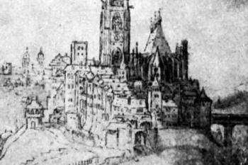 pohled od východu na kresbě R. Saveryho, kol. r. 1615 ( © Luboš Hlaváček: Kosmografie Václava Hollara, Řešení prostoru v krajinářské kresbě českého baroku a jeho vývojové předpoklady i souvislosti, Umění XV/6, Academia, Praha 1967)