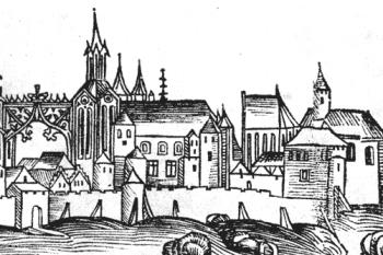 Praha před rokem 1484.  ( © Jiřina Hořejší: Praha na konci 15. století?, Umění XV/6, Academia, Praha 1967)