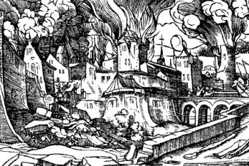 pohled na královský palác během požáru r. 1541 ( © knižní ilustrace neznámého autora (fond Britské knihovny v Londýně))