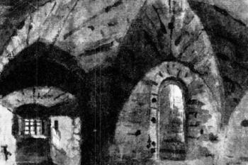 pohled do interiéru Daliborky, kresba tuší ( © Josef Šemebera, 1821 (in J. Karbaš: Česká a pražská veduta v díle Josefa Šembery (1794-1866), Umění, ročník 31/1983, Ústav teorie a dějin umění ČSAV, Praha 1983))