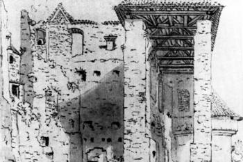 Daliborka, lavírovaná kresba perem (© Josef Šemebera, 1823 (in J. Karbaš: Česká a pražská veduta v díle Josefa Šembery (1794-1866), Umění, ročník 31/1983, Ústav teorie a dějin umění ČSAV, Praha 1983))