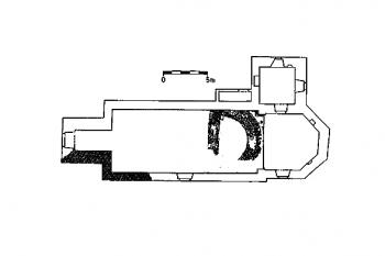 půdorys kostela s vyznačením raně středověkého zdiva ( © F. Gabriel, L. Kracíková: Kostel sv. Mikuláše v Drchlavě, Archaeologia historica 30, Musejní a vlastivědná společnost v Brně, Brno 2002)