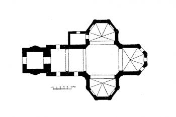 půdorys kostela ( © Karel B. Mádl: Soupis památek historických a uměleckých v Království Českém, sv. 01 Politický okres Kolínský, Archaelogická komise při České akademii císaře Františka Josefa pro vědy, slovesnost a umění, Praha 1897)