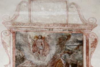 renesanční epitaf neznámé rodiny na severní stěně presbytáře z r. 1583 se scénou Vzkříšení Páně ( © Pavel Zany Komárek 14.9. 2008)