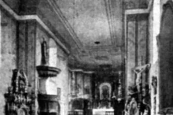 interiér kostela na počátku 20. století (© Antonín Podlaha: Posvátná místa království Českého; Díl 3., Vikariáty: Kralovický, Vlašimský a Zbraslavský, Dědictví sv. Jana Nepomuckého, Praha 1909)