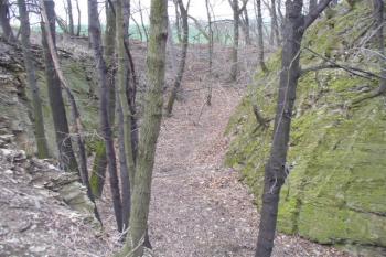Mohutný do skály vysekaný příkop předsunuté bašty (© zdeněk komínek, 03/2007)