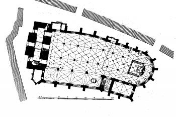 půdorys kostela (© Gurlitt, Cornelius: Beschreibende Darstellung der älteren Bau- und Kunstdenkmäler des Königreichs Sachsen, Band 33. Bautzen (Stadt), C. C. Meinhold & Sohne, Dresden 1909)