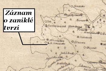 Výřez z mapy Politický okres prostějovský 1927 s informací o bývalé zaniklé tvrzi (© 1927)