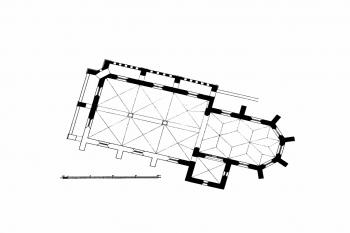 půdorys kostela (© Gurlitt, Cornelius: Beschreibende Darstellung der älteren Bau- und Kunstdenkmäler des Königreichs Sachsen, Band 33. Bautzen (Stadt), C. C. Meinhold & Sohne, Dresden 1909)
