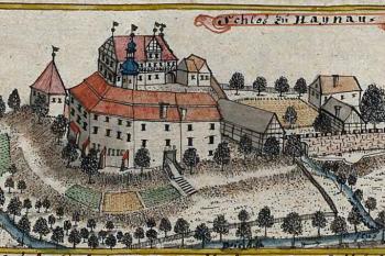 hrad od jihu na kresbě F. B. Wernera z poloviny 18. století (© Wernher, Friedrich Bernhard: Topographia oder Prodromus Delineati Principatus Lignicensis Bregensis, et Wolaviensis)