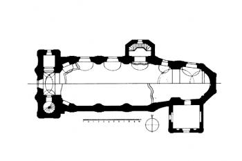 půdorys kostela (© Erich Tursch, Kristina Uhlíková (ed.), Jana Kuprová (ed.), Jiří Odvárka (ed.), Jana Chadimová (ed.): Fontes historiae atrium XIX: Uměleckohistorická topografie okresu Žatec, Artefactum, Praha 2024)