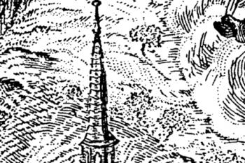 kostel na jihu na výřezu z veduty města z poloviny 18. století (© Michal Panáček: Stanové střechy a jejich krovy v českých zemích, Svorník 3/2005, Sdružení pro stavebně historický průzkum a Unicornis, Praha 2005)