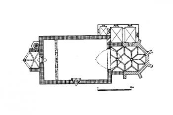 půdorys kostela ( © Lucie Kracíková, Jan Smetana: Románská a gotická sakrální architektura v okrese Česká Lípa, Vlastivědná knihovnička SPS sv. 9, Praha 2000)