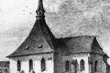 kostel od jihovýchodu v polovině 19. století ( © litografie W. Kirchner, 1850 (in M. Panáček: Kostel sv. Kříže v České Lípě a stavebně-historická analýza krovu, Průzkumy památek 2003/I, NPÚ Praha, 2003))