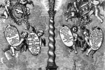 sloup na rytině P. Jaschka (© Johannes Zeschick: Benediktini a benediktinky v Čechách a na Moravě, Benediktinské arciopatství sv. Vojtěcha a sv. Markéty, Praha 2007)