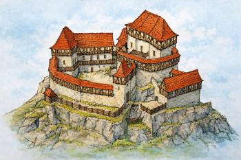 Hrad Blansko kolem roku 1401 (© chatGPT podle cedule)