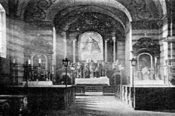interiér klášterního kostela na počátku 20. století (© Antonín Podlaha: Posvátná místa království Českého; Díl 4., Vikariáty: Kolínský a Rokycanský, Dědictví sv. Jana Nepomuckého, Praha 1910)