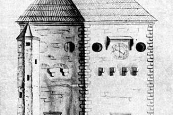 pohled na bránu před regoztizací ( © neznámý autor 1. pol. 19. století (in Jarmila Vacková: nové poznatky k stavební historii Kroměříže, Umění, roč. V, č. 2, Nakladatelství ČSAV, Praha 1957))