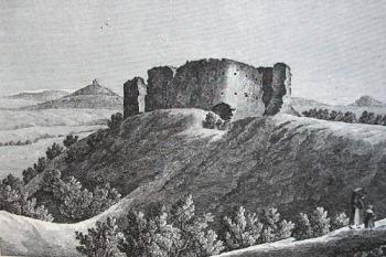 Klabava, v pozadí barokní kaple Navštívení Panny Marie na Vršíčku u Rokycan (rytina A. Langhanse podle předlohy F. A. Hebera, 1844)