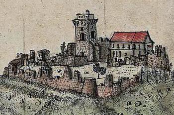 zřícenina na kresbě F. B. Wernera z poloviny 18. století (© Wernher, Friedrich Bernhard: Topographia oder Prodromus Delineati Principatus Lignicensis Bregensis, et Wolaviensis)