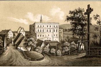 pohled o východu na rytině z roku 1737 (© Pompejus, Franz A: Album der Grafschaft Glatz oder Abbildungen der Städte, Kirchen, Klöster, Schlösser und Burgen derselben, vor mehr als 150 Jahren)