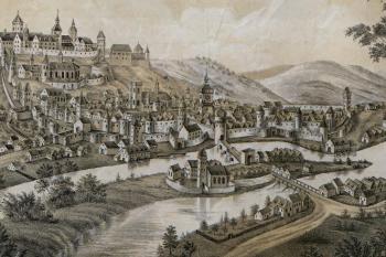 Kladsko na litografii z r. 1500 (© Otto Pompejus (in Franz A. Pompejus: Album der Grafschaft Glatz : oder Abbildungen der Städte, Kirchen, Klöster, Schlösser und Burgen derselben, vor mehr als 150 Jahren, Glatz, 1862))