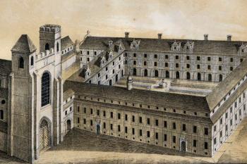 kostel s jezuitskou kolejí od severu, 1736 (© Otto Pompejus (in Franz A. Pompejus: Album der Grafschaft Glatz : oder Abbildungen der Städte, Kirchen, Klöster, Schlösser und Burgen derselben, vor mehr als 150 Jahren, Glatz, 1862))