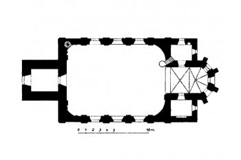 půdorys kostela ( © Ferdinand Velc: Soupis památek historických a uměleckých v Království Českém, sv. 20 Politický okres slanský, Archaelogická komise při České akademii císaře Františka Josefa pro vědy, slovesnost a umění, Praha 1904)