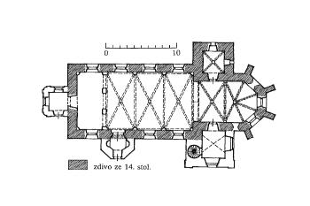 půdorys kostela s vyznačením středověkého zdiva ( © kol.: Gotika v západních Čechách, Národní galerie v Praze, Praha 1995)