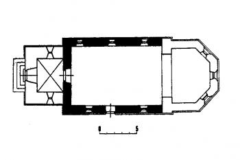 Půdorys kostela ( © A. Merhautová: Raně středověká architektura v Čechách, Academia, Praha 1971)