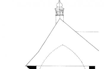 Příčný řez presbytářem kostela s vyznačením úrovně původní gotické klenby podle R. Vrly ( © Dušan Foltýn a kol.: Encyklopedie moravských a slezských klášterů, Libri, Praha 2005)