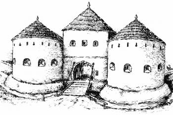 Rekonstrukční kresba podoby Veselské brány (podle J. Skácela a J. Urbáška) ( © Kol.: Pevnosti a opevnění v Čechách, na Moravě a ve Slezsku, Libri, Praha 2002)