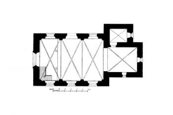 půdorys kostela ( © Antonín Podlaha: Soupis památek historických a uměleckých v Království Českém, sv. 06 Politický okres mělnický, Archaelogická komise při České akademii císaře Františka Josefa pro vědy, slovesnost a umění, Praha 1899)