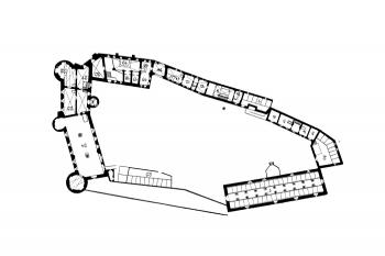 půdorys areálu (© Gurlitt, Cornelius: Beschreibende Darstellung der älteren Bau- und Kunstdenkmäler des Königreichs Sachsen, Band 41. Amtshauptmannschaft Meißen-Land, C. C. Meinhold & Sohne, Dresden 1923)