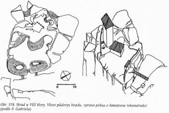 Půdorys a hmotová rekonstrukce hradu ( © F. Gabriel, T. Durdík (Ilustrovaná encyklopedie českých hradů, LIBRI 1999))